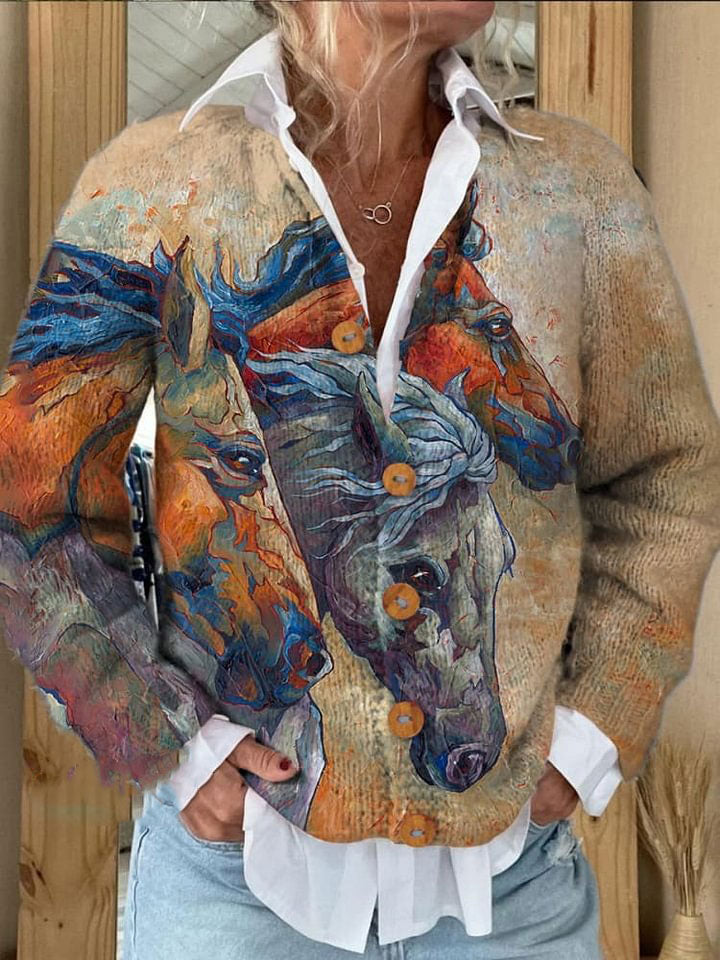 Orange Horse Art Print Buttoned Cardigan Sweater