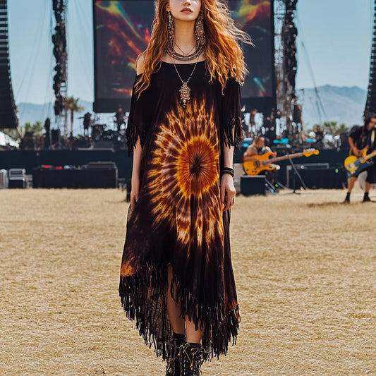 Coachella Music Festival Rock Rave Party Tie-Dye Ruffle Floral Fringed Lace Vintage Dress