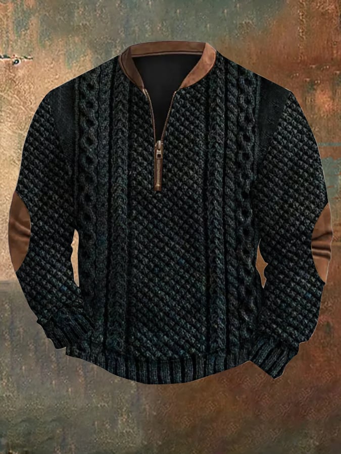 Men's Vintage Knit Print Zip-Up Sweatshirt