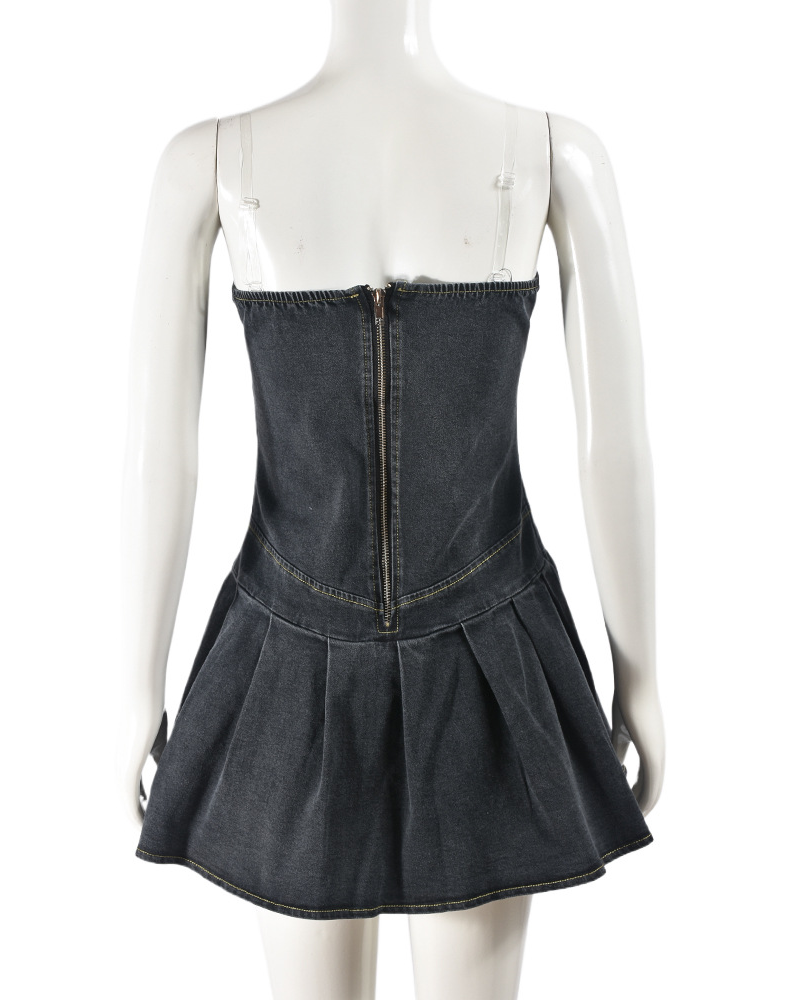 Stretch Denim Chest Wrap Sexy Pleated V-Neck Denim Dress