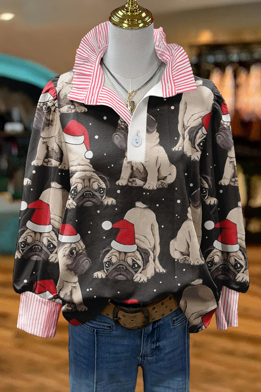 Cute Christmas Bulldog Print Puff Sleeve Blouse