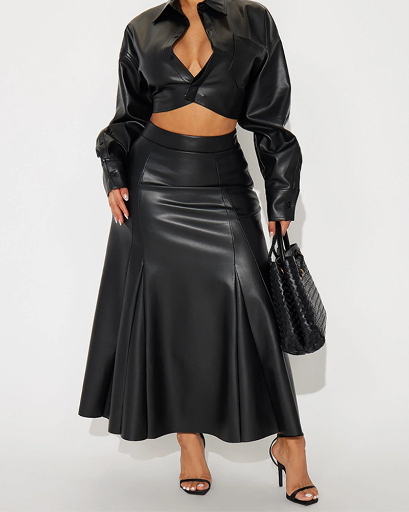 Lapel Leather Mid-Length Skirt Suit