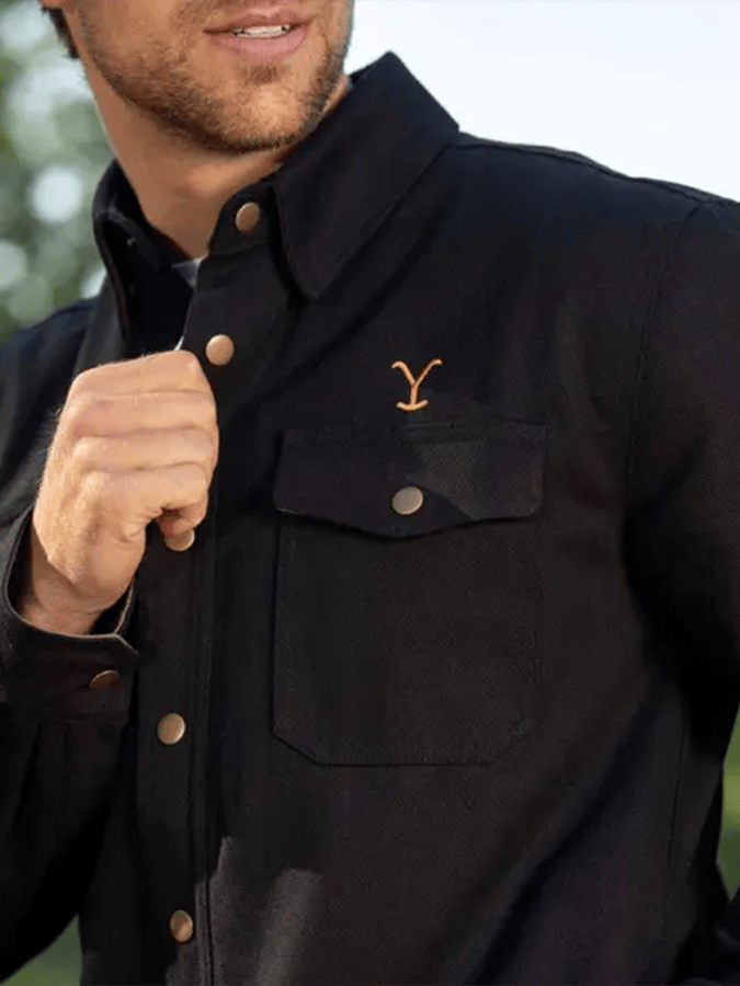 Men's Vintage Yellowstone Embroidery Western Cowboy Pocket Lapel Collar Outdoor Work Cargo Shirt Jacket