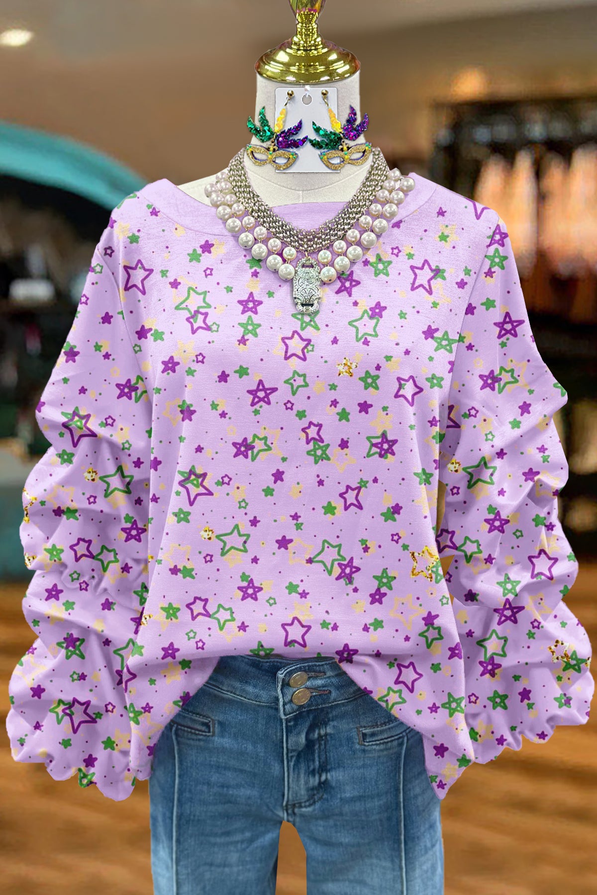 Classic Mardi Gras Star Print Pleated Sweatshirt