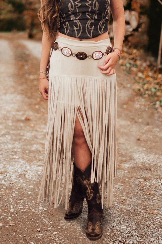 Solid Color Fringed Suede Skirt