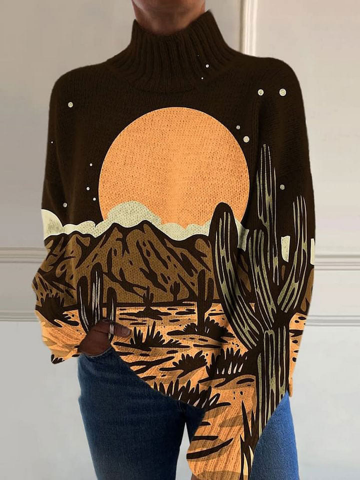 Vintage Abstract Desert Ground Cactus Print Knit Turtleneck Pullover Sweater