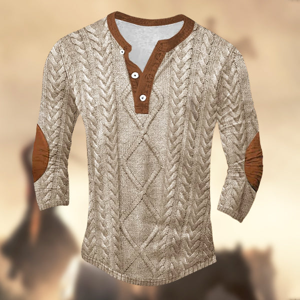 Men's Vintage Country Western Knitt Print Henley Print Long Sleeve T-Shirt