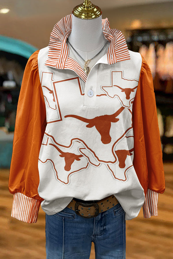 Gameday Longhorns Print Stripe Puff Sleeve Blouse