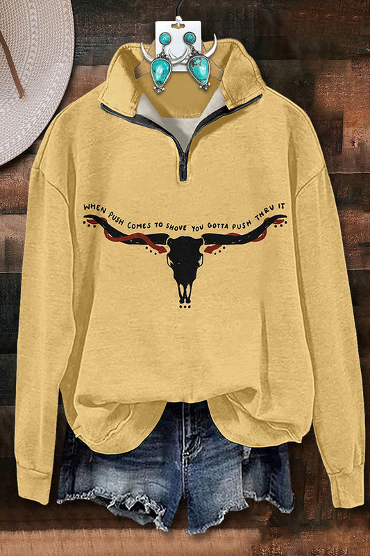 Western Longhorn Print Zipper Sweatshirt