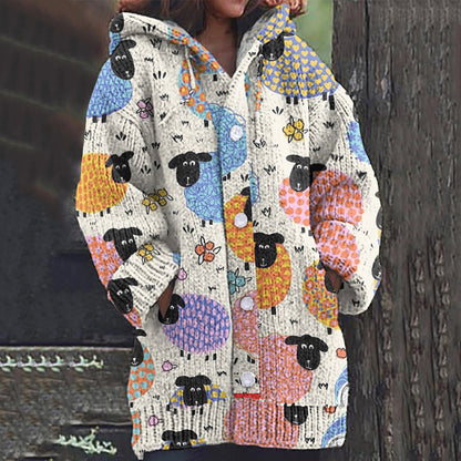 Color Lamb Print Women'S Cardigan Sweater