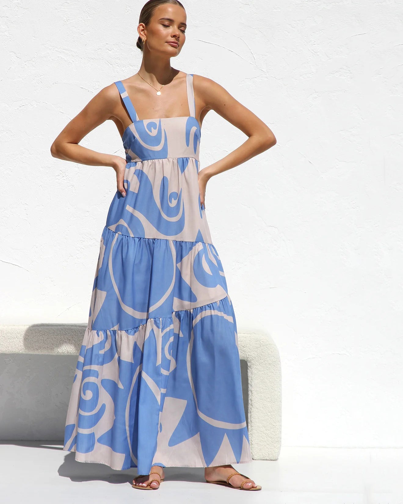 Simple Printed Suspender Maxi Dress with Large Skirt