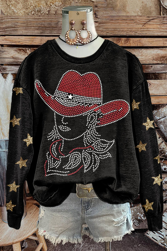 Shiny Western Cowgirl Star Print Sweatshirt