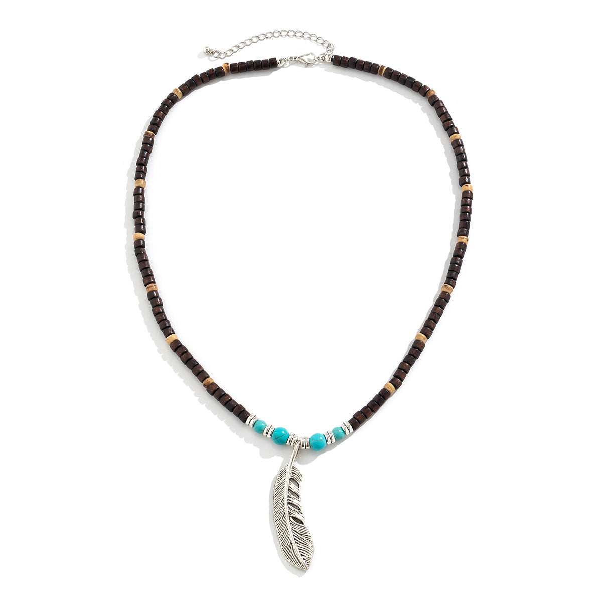 Bohemian Vintage Wood Bead Turquoise Feather Necklace