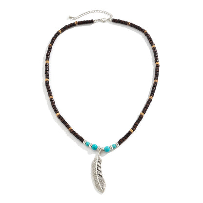 Bohemian Vintage Wood Bead Turquoise Feather Necklace