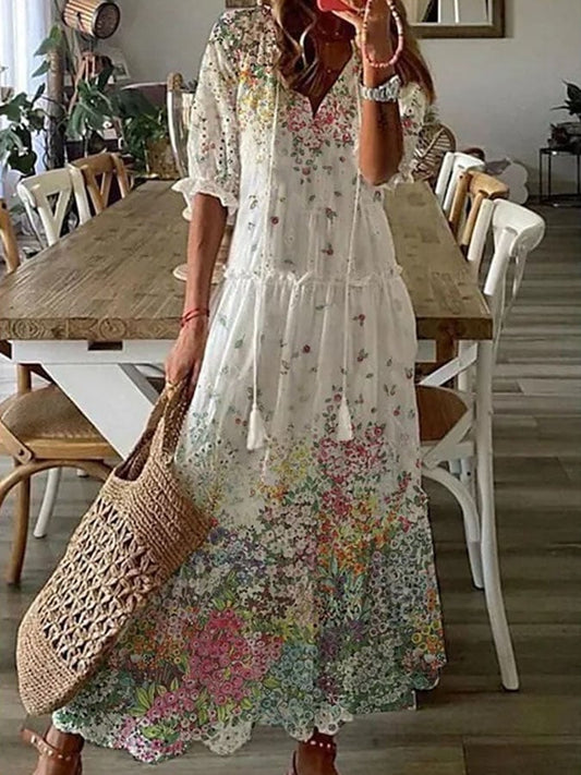 Women'S Long Sleeve Ruffle Print Long Dress