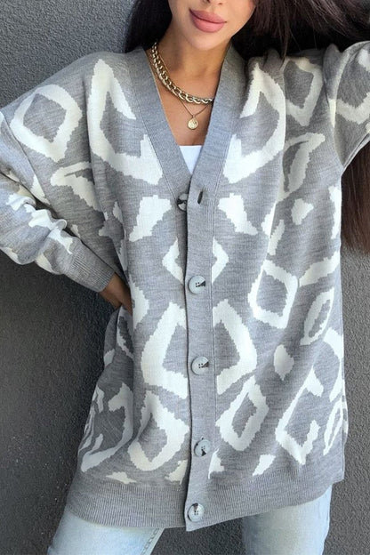 Women's Casual V-neck Printed Knitted Cardigan