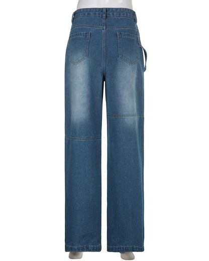 Zippered Multi-Pocket Workwear High-Waisted Wide-Leg Jeans