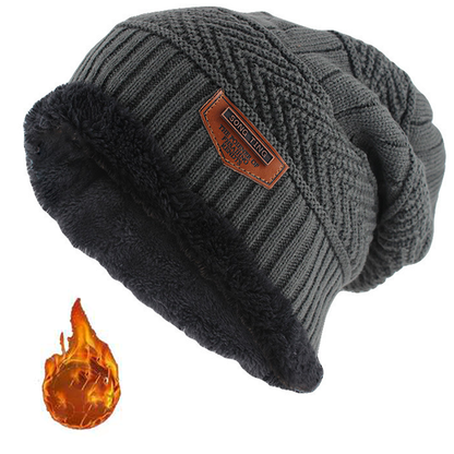 Mens Winter Leather Lable Knit Beanie Slouchy Thick Fleece Lined Hat