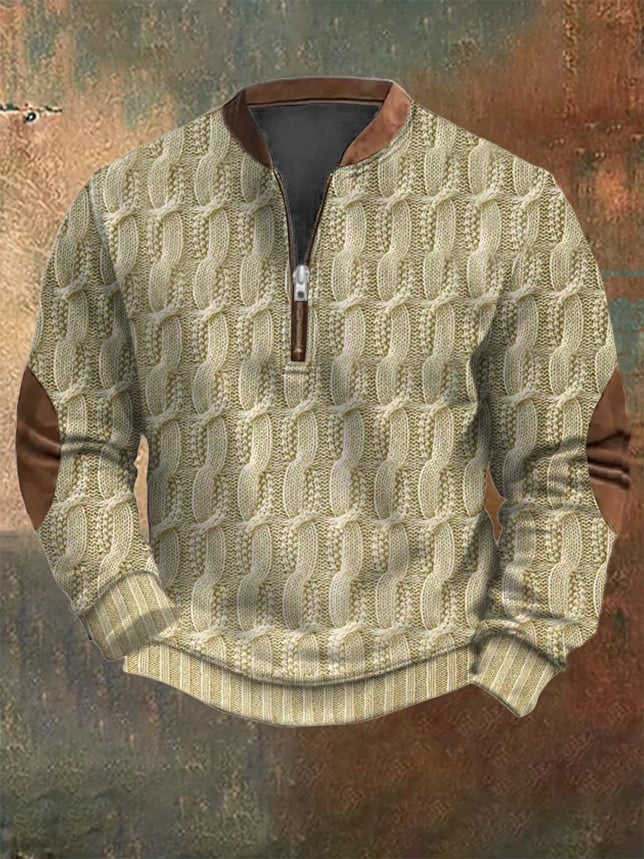 Men's Vintage Country Western Knitted Print Zipper Stand Collar Casual Sweatshirt