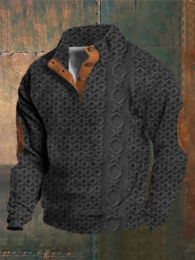 Men's Western Vintage Knitted Jacquard Print Stand Collar Button Sweatshirt