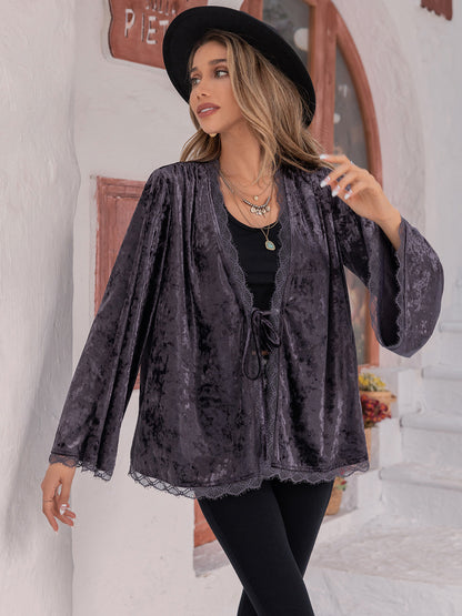 Velvety Tied Lace Detail Long Sleeve Cardigan