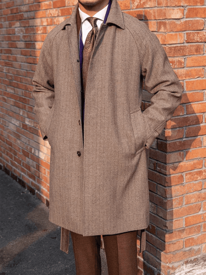 Men's Classic Herringbone Pattern Single-Breasted Open-Pocket Design Casual Woolen Coat (Belt Included)