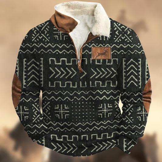 Men's Vintage Tribal Pattern Print Elk Logo Zipper Fur Collar Sweatshirt