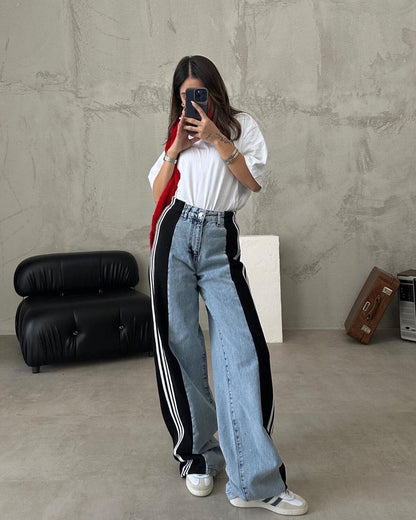 High Waisted Straight Pants Casual Pants Striped Patchwork Jeans Women