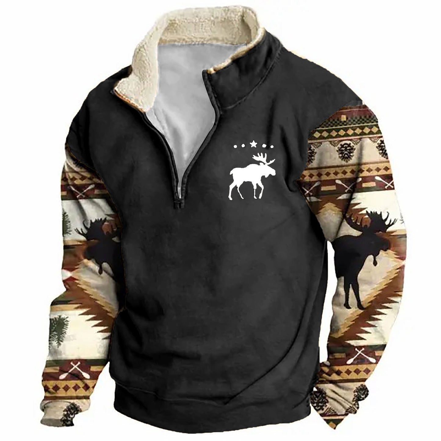 Men's Sweatshirt Retro Moose Creek Ethnic Print Plush Half Open Collar Pullover