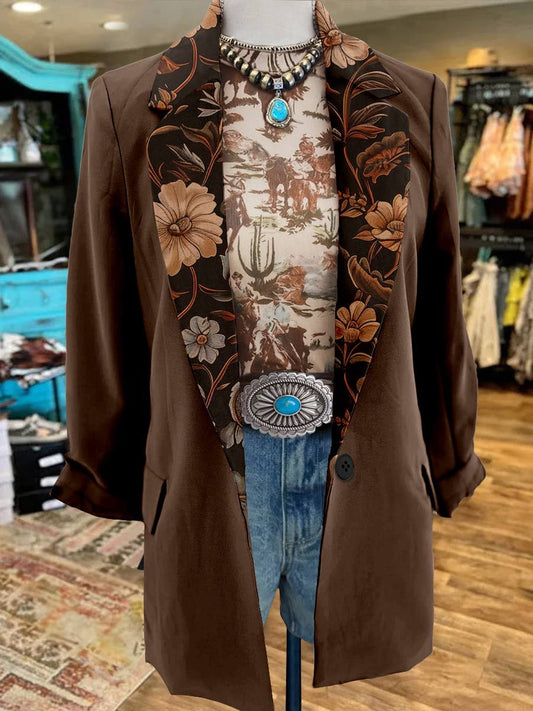 Women's Brown Flower Print 3/4 Sleeve Casual Blazer