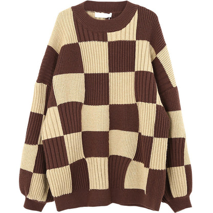 Women's Checkerboard Sweater Vintage Knitted Sweater