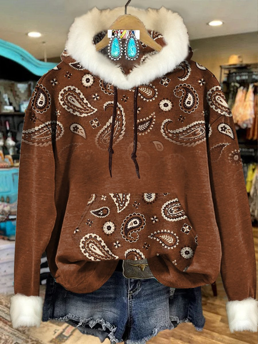 Brown Vintage Cashew Flower Gradient Print Imitation Rabbit Fur Trim Casual Hoodie Sweatshirt