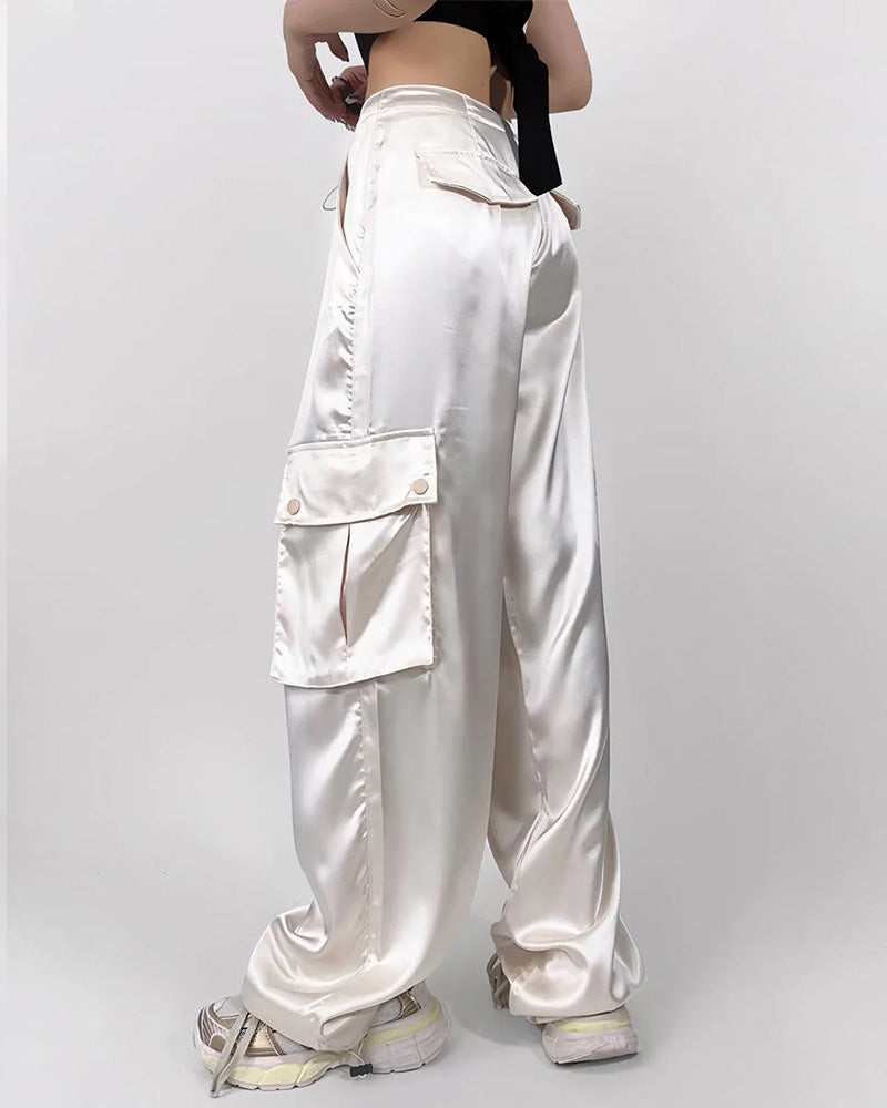 Loose Straight High-Waisted Casual Satin Overalls