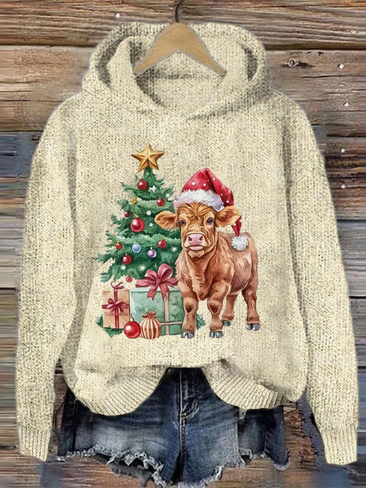 Women's Christmas Cow Print Knit Hooded Sweater