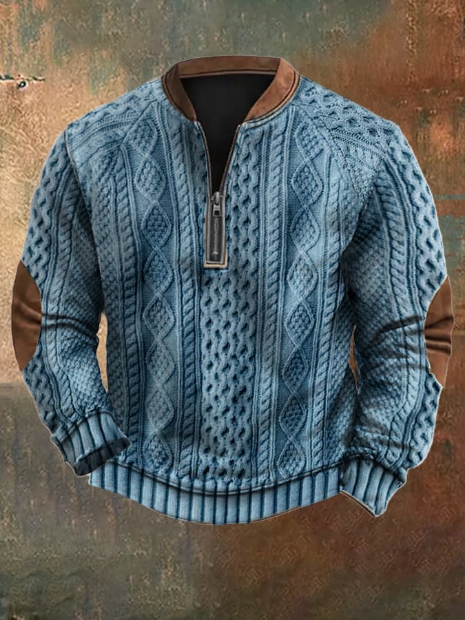 Men's Vintage Knit Print Zip-Up Sweatshirt