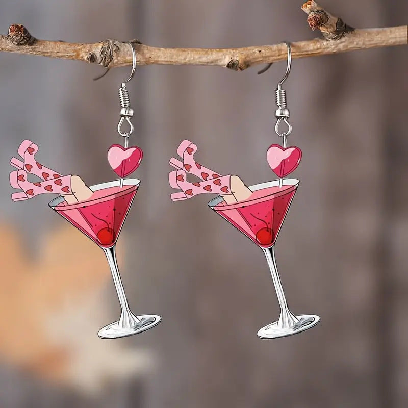 Valentine's Day Creative Design Pink Heart Wine Glass Earrings