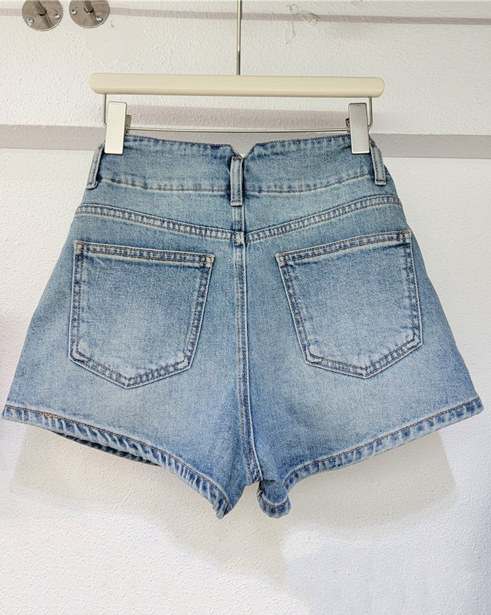 High-Waisted Diamond-Beaded Denim Shorts