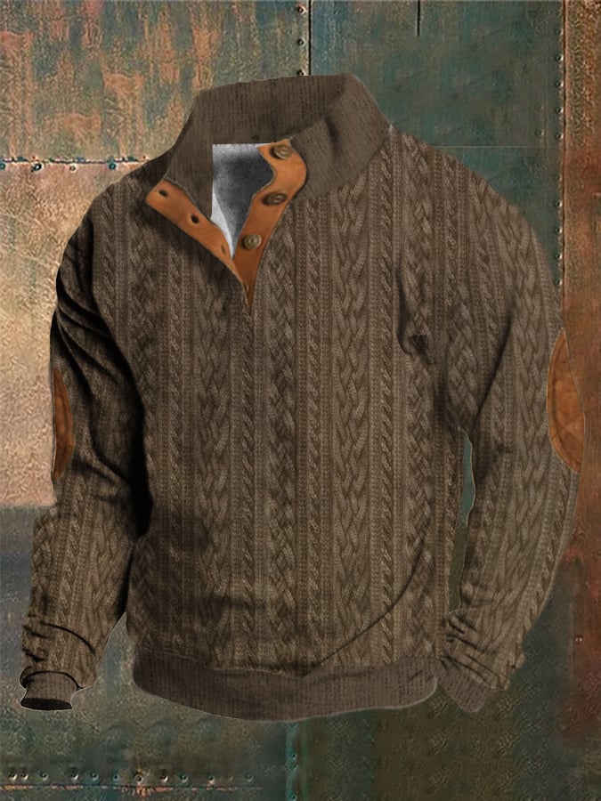 Men's Western Vintage Knitted Jacquard Print Stand Collar Button Sweatshirt