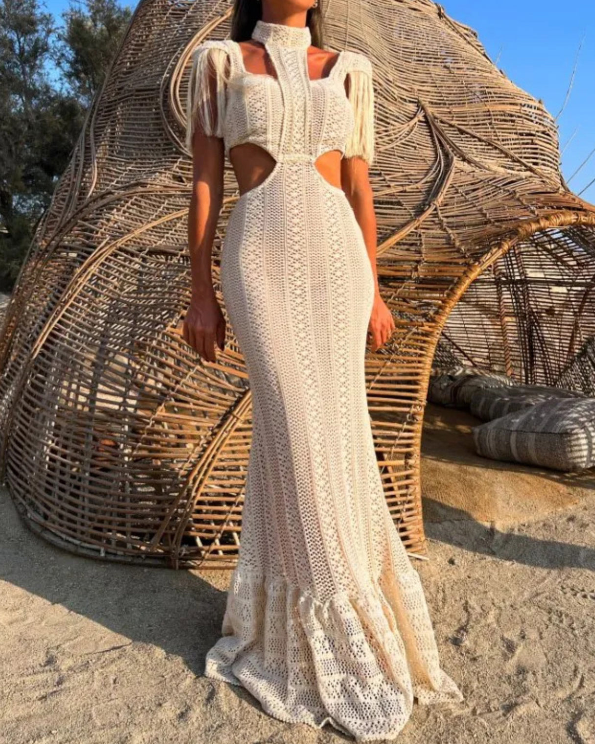 Hollow-Waist Strapped Fringed Long Dress