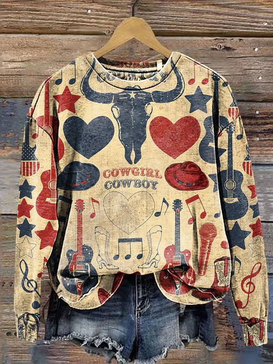 Vintage Cowboy Fiddle Cow Bone Art Print Casual Sweatshirt