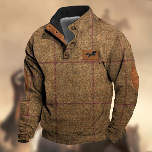 Men's Vintage Country Horse Khaki Wool Check Print Stand Collar Sweatshirt