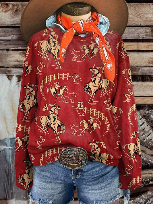 Women's Red Rodeo Casual Print Corduroy Sweatshirt