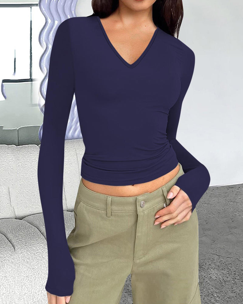 V-Neck Long-Sleeved Slim-Fit Versatile T-Shirt Top