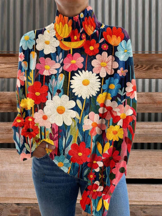 Flower Print Knit Turtleneck Pullover Sweater