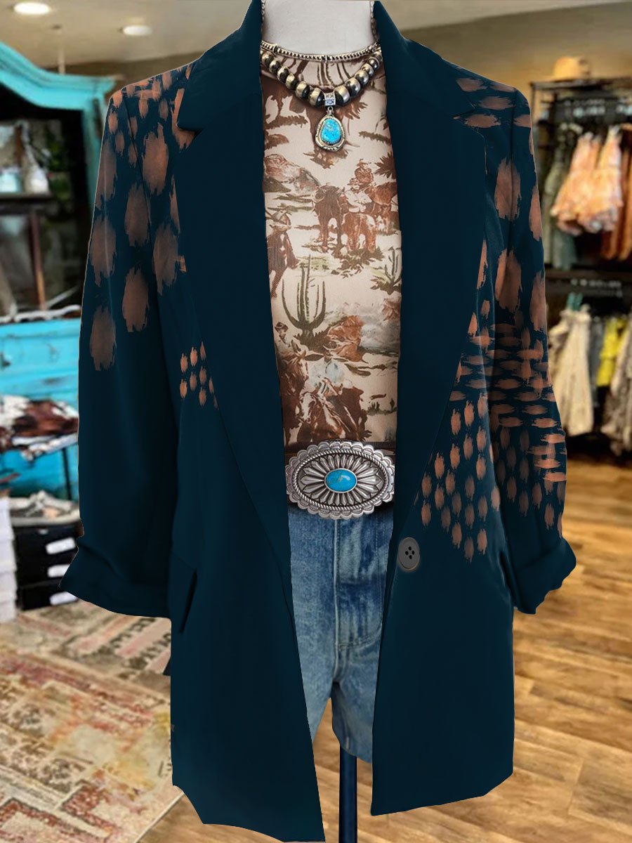 Women's Vintage Art Print 3/4 Sleeve Casual Blazer