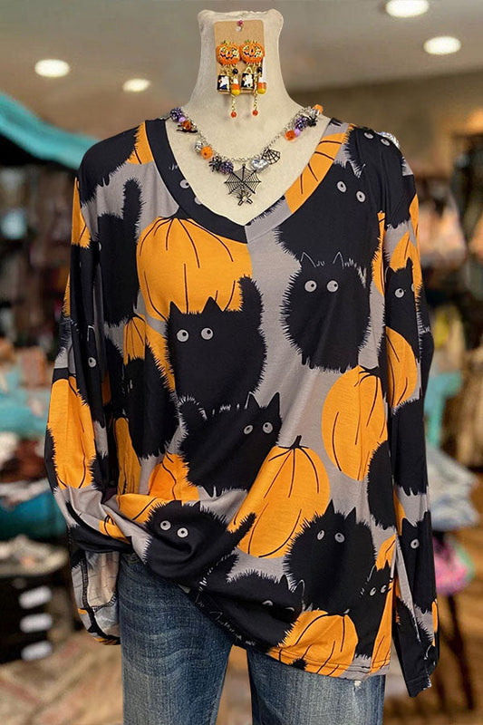 Pumpkin Cat V Neck Top