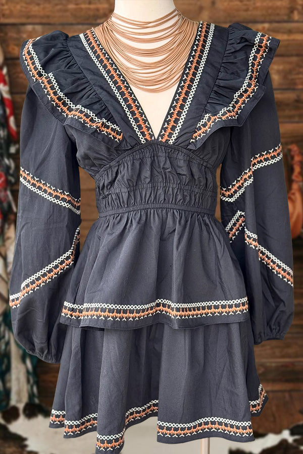 V-Neck Ruffled Puff Sleeve Dress