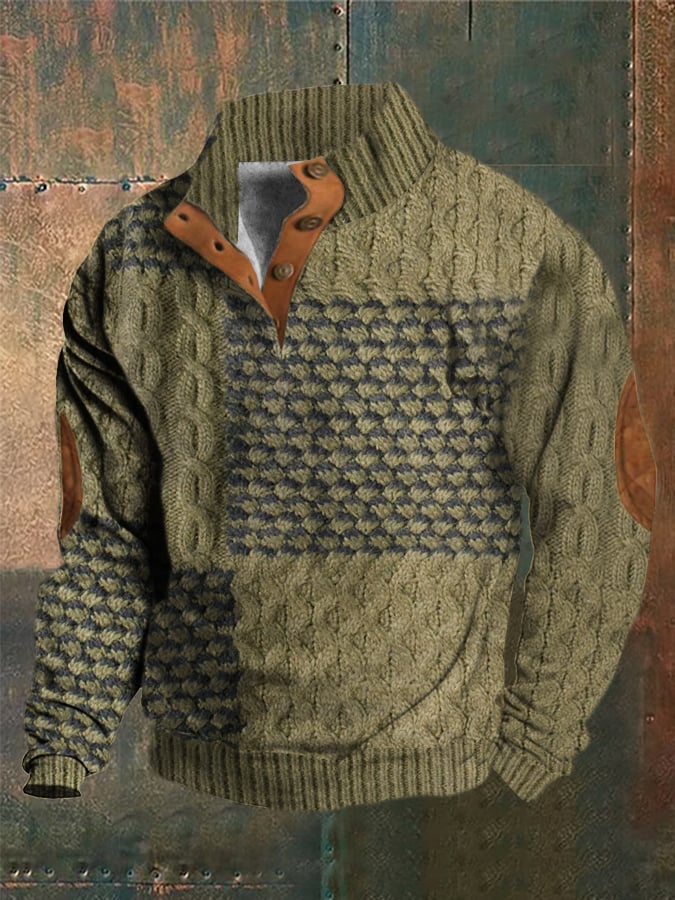 Men's Western Vintage Knitted Patchwork Printed Stand Collar Button Sweatshirt