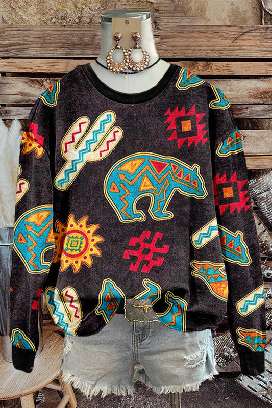 Western Totem Cactus Print Sweatshirt