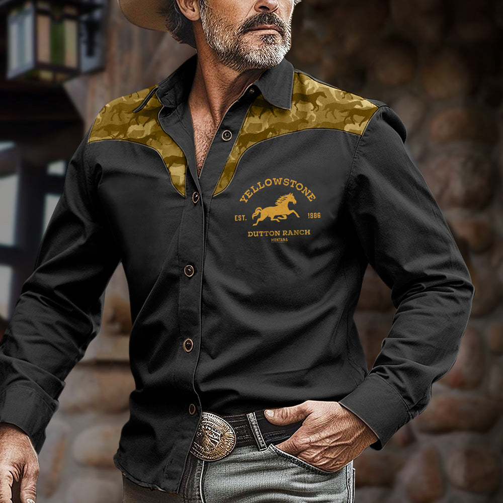 Men's Vintage Yellowstone Logo Western Denim Long Sleeve Shirt